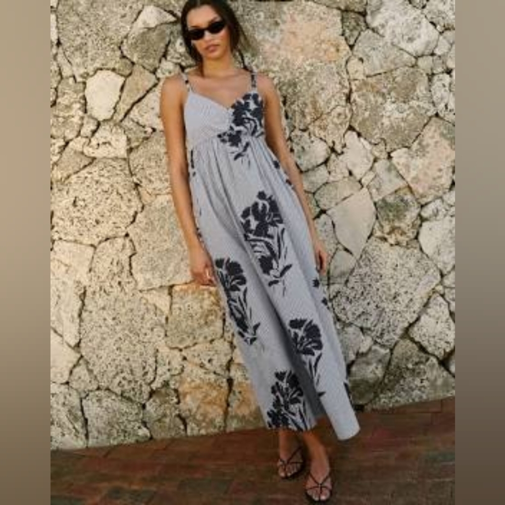 Abercrombie & Fitch Sweetheart Babydoll Striped and Floral Navy Dress